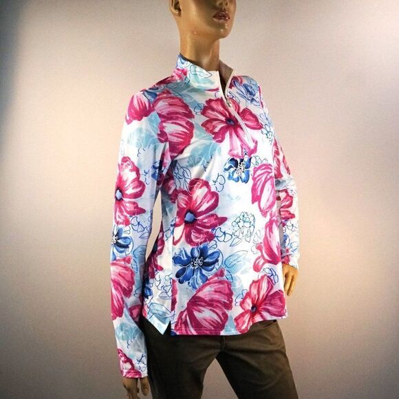 SanSoleil SolCool Print Polo Sunshirt Garden Party Long Sleeve Zip Front Sz M - Picture 2 of 11